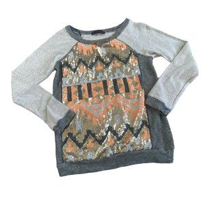 Potters Pot Light Weight Sweatshirt With Sequin Aztec Detail-Gray/Gold/Orange-Sm